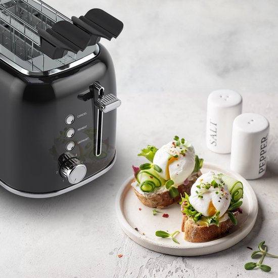 KitchenBrothers Grille-pain 6 niveaux de chaleur - Fentes larges - Grille-pain pour machine à sandwich - 870 W - Noir