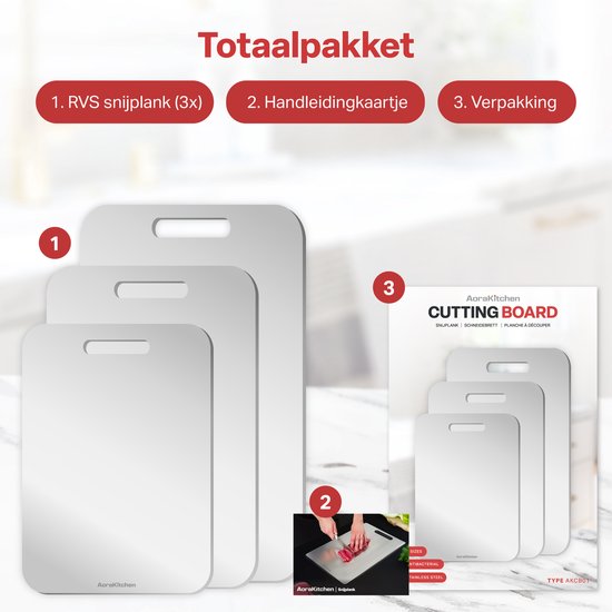 AoraKitchen Planche à découper en acier inoxydable - Set 3 pièces - Planches à découper - Lavable en lave-vaisselle - Stabilisé au titane