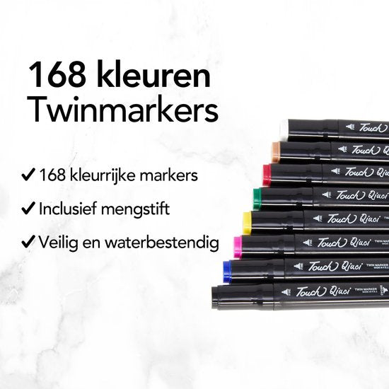 Brixy Twinmarkers 168 pièces - Marqueurs professionnels à alcool - pointe double face - marqueurs - sac de rangement avec support