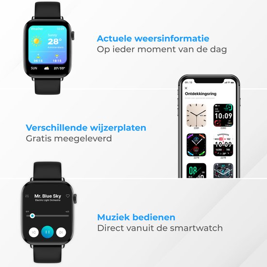 Nuvance - Smartwatch Hommes et Femmes avec Bluetooth - IP68 Waterproof - Convient à tous les Smartphones - Podomètre et moniteur de fréquence cardiaque - Noir