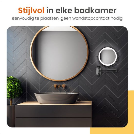 Goliving Miroir de maquillage avec éclairage - Ø25 cm - grossissement 10x - miroir de maquillage graduable - miroir de rasage - éclairage LED - rechargeable par USB-C - double face - 27 x 27 cm - noir