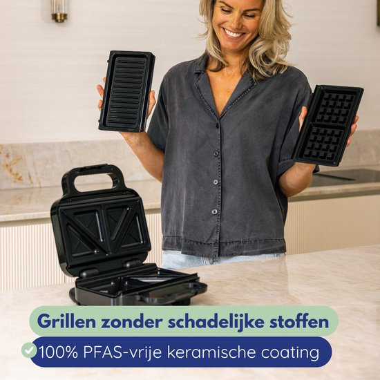 Safecourt Kitchen toaster - Grille-pain 3-en-1, gaufrier et gril de contact - Plaques amovibles sans PFAS et lavables au lave-vaisselle - compact - chaud rapide - gril de contact