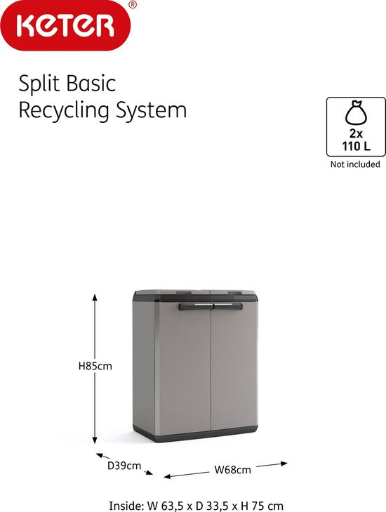 Keter Split Basic Recycling Poubelle d'extérieur - 68x39x85 cm - Gris/Noir