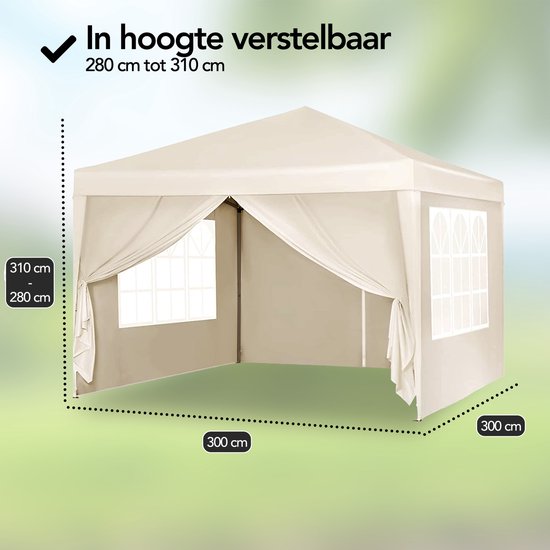 Brixy Party Tent - Pliable - Facile à monter - 3x3m - Imperméable - Pavillon avec parois latérales - Sac de transport inclus - Crème