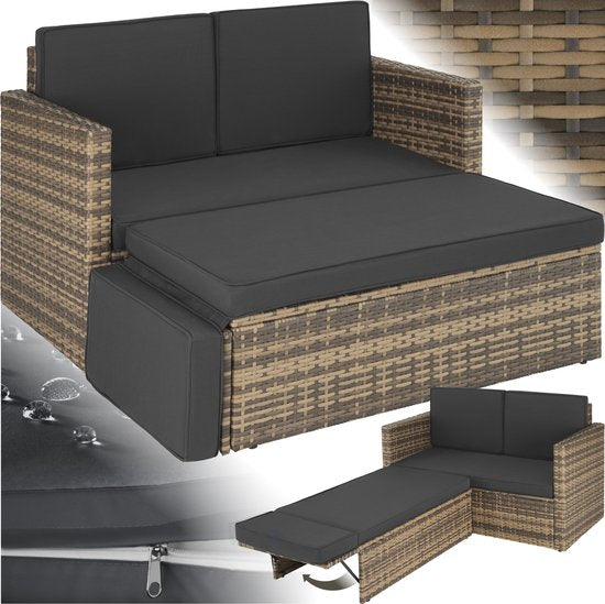 tectake® Canapé de salon en osier - Avec ottoman - Pour 2 personnes - Canapé de salon avec coussins d'assise et de dossier - Résistant aux intempéries - Idéal pour terrasse, jardin d'hiver et balcon - Dimensions canapé (LxLxH) 119 x 64,5 x 71,5 cm - Natur