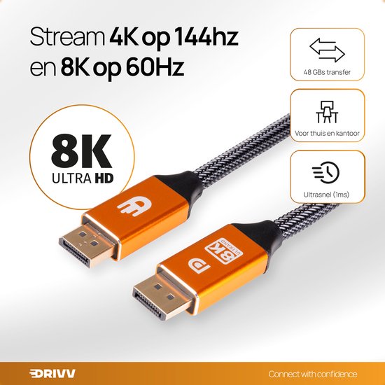 Drivv. Câble Displayport - 8K 60Hz - 4K 144 Hz - 32.4GBps - Displayport 1.4 - Câble DP - 2 mètres - Orange