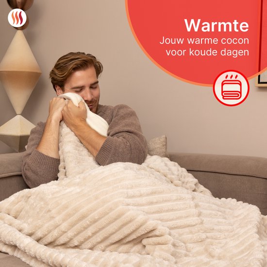 Seranova Couverture électrique XXL - Fils chauffants supplémentaires - Modèle rayé - 180x160 cm - Couverture chauffante pour 2 personnes - Polaire double face - Beige