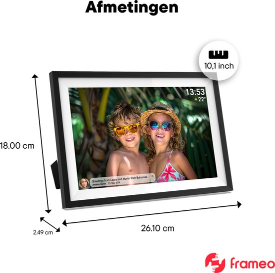Cadre photo numérique Denver 10,1 pouces - HD - Frameo App - Cadre photo - WiFi - écran tactile IPS - 16 Go - PFF1016