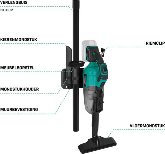 VONROC Aspirateur-balai sans fil puissant - VPower 20V - Batterie et chargeur inclus - Bac de ramassage 0,6L - 3 suceurs, 2 tubes d'extension et tuyau flexible inclus