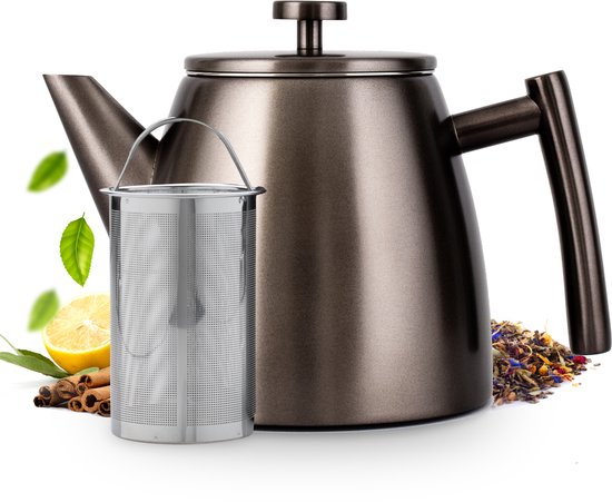 Vaja® Théière Juliette Gun Metal - Double paroi - 1 litre - Théière en acier inoxydable avec filtre