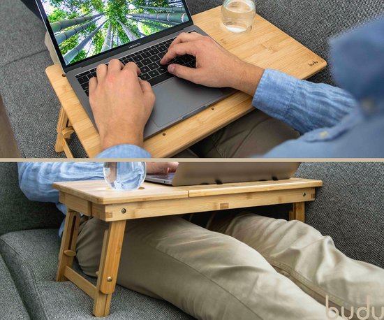 Budu Table pour ordinateur portable - Table de lit - Table de canapé - Table pour ordinateur portable réglable - Table pour ordinateur portable en bois de bambou - Support pour ordinateur portable - Table pour petit déjeuner - Petit déjeuner au lit