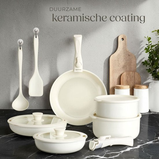 tectake® Ensemble de casseroles modernes 16 pièces - 3 poêles à frire - 2 poêles de cuisson - Convient à l'induction - Comprend des couvercles, des poignées amovibles et des protections - Poêles en aluminium avec revêtement antiadhésif en céramique - Conv