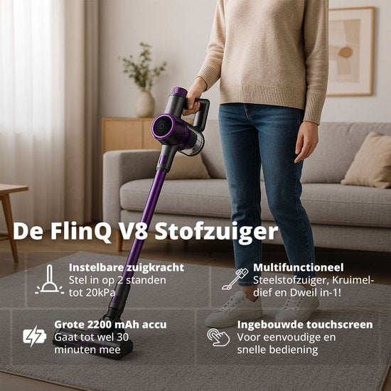 FlinQ Aspirateur V8 - Aspirateur balai avec fonction serpillière - Aspirateur balai sans fil - Aspirateur sans sac - Avec batterie durable - Sans fil et utilisable comme dépoussiéreur