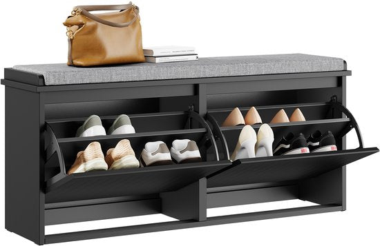 SoBuy Banc à chaussures avec coussin rembourré - Meuble à chaussures avec 2 abattants - Meuble de rangement pour chaussures - Noir, 100x26x46 cm, FSR98-XL-SCH