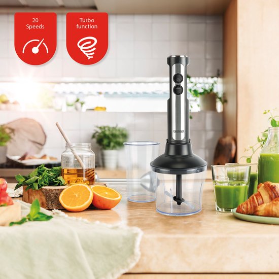 Mixeur plongeant Bourgini - 4 pièces Mixeur plongeant puissant en acier inoxydable - 20 vitesses - Fouet - Hachoir 600ml - Gobelet de mesure 800ml - 1500W