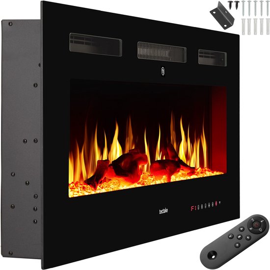 tectake® Wall Fireplace - Cheminée électrique - Atmosphere Fireplace - 91,5 x 12 x 43 cm - 900W & 1800W - contrôlé par télécommande ou application - avec thermostat - poêle - avec chauffage - cheminées - effets de bois et de lueur - flammes 3D - minuteur