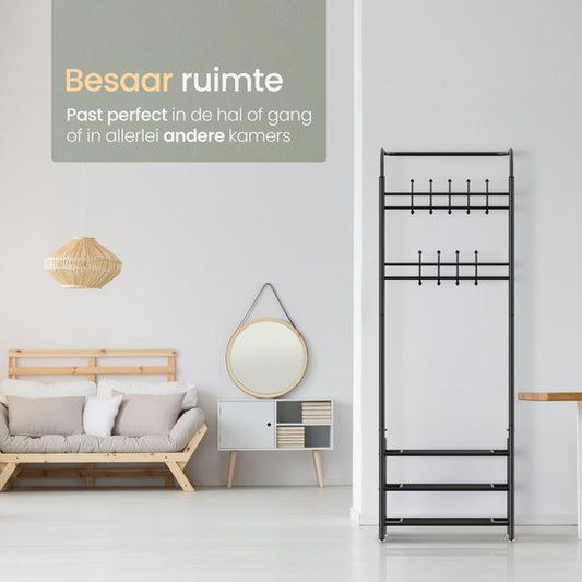 O'DADDY® porte-manteau vertical - porte-manteau avec porte-chaussures - 18 crochets 2 couches porte-chaussures 6 paires - porte-manteau métal - 66 x 30 x 190 cm - noir