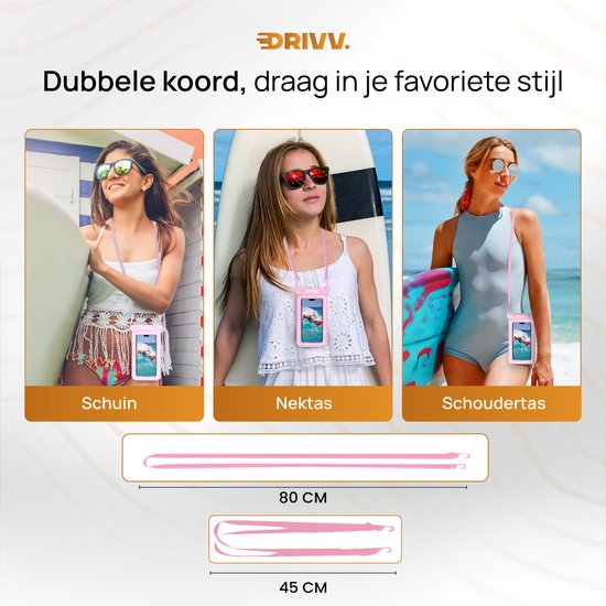 Drivv. Étui de luxe pour téléphone portable étanche - flottant - fermeture à double clip - jusqu'à 6,8 pouces - étui pour téléphone portable sous-marin - rose