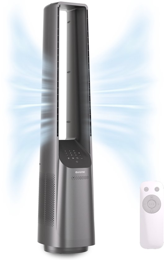 Ventilateur de tour Auronic - Modèle sans pales - Refroidisseur d'air - Ventilateur de sol - Ventilateur silencieux sur pied - 101 CM - 6 vitesses - Ventilateur - Avec minuterie - 39 dB - Gris clair
