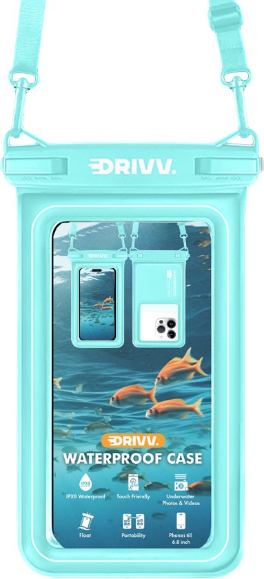 Drivv. Étui étanche de luxe pour téléphone portable - flottant - fermeture à double clip - téléphones jusqu'à 6,8 pouces - étui étanche pour téléphone portable - bleu