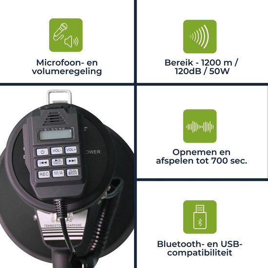 Mégaphone Velleman 50W avec sirène, batteries incluses, enregistrement 700s, réglage du volume, Bluetooth, USB, microphone à main, portée 1200m, 120dB, design ABS portable, noir mat