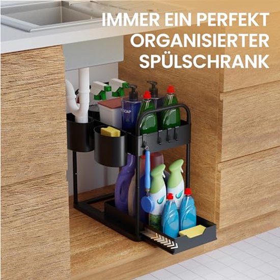 HELDENWERK Etagère d'évier pour meuble bas d'évier, réglable en hauteur sur 2 niveaux en noir, rangement de cuisine, meuble bas, étagère à épices, rangement de meuble bas d'évier