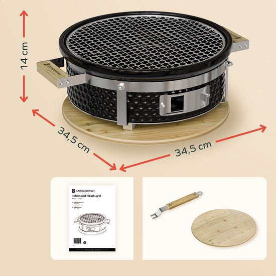 KitchenBrothers Kamado Hibachi Grill - Sans PFAS - Barbecue au charbon de bois - Shichirin Table Grill - Round BBQ - Barbecue en céramique - Noir