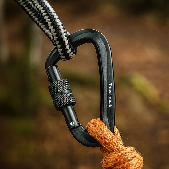 Mousqueton Travelhawk - Crochet mousqueton avec fermeture à vis - Porte-clés mousqueton - Aluminium - Noir