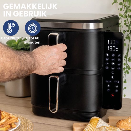 Nexxt - Double Airfryer empilé - Capacité 11 l - Noir et acier inoxydable - 12 programmes de cuisson - Modèle empilé - Gain de place et double tiroir