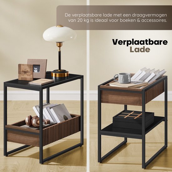 O'DADDY® Side Table - Table carrée - Avec tiroir réglable - Table d'appoint - Table basse - Table de chevet - 55x35x55 cm - Métal noir/bois brun