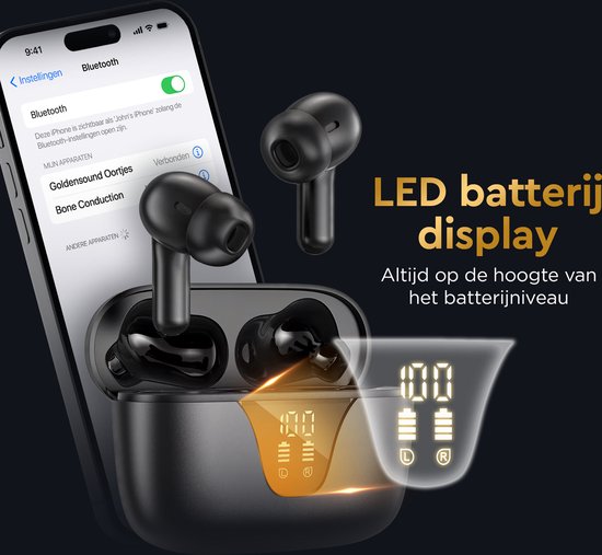 Écouteurs Golden Sound sans fil - Écouteurs sans fil - Écouteurs Bluetooth - Suppression active du bruit - Écouteurs pour le sport - Écran LED - Fonction tactile - Convient à tous les smartphones et ordinateurs portables