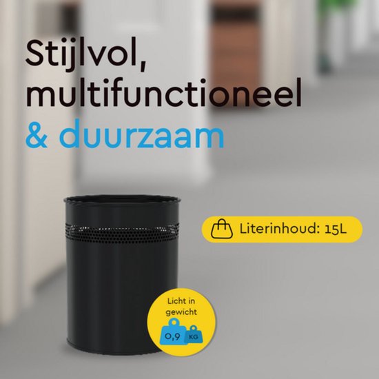 BRASQ Trashcan Metal Office/Home Use - Poubelle - Corbeille à papier - Rond - Poubelles - Noir 15 litres