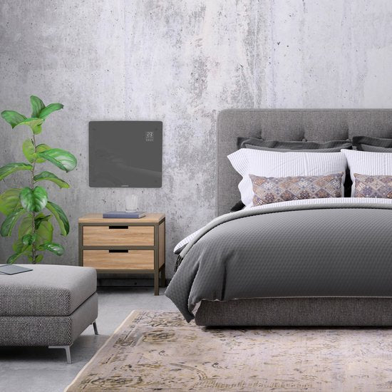 Chauffage électrique de luxe VONROC - Convecteur avec panneau en verre - 500W/1000W - Chauffe les pièces jusqu'à 12m2 - Contrôlé par l'application (via Wifi) et manuellement - Thermostat et minuterie réglables - Gris
