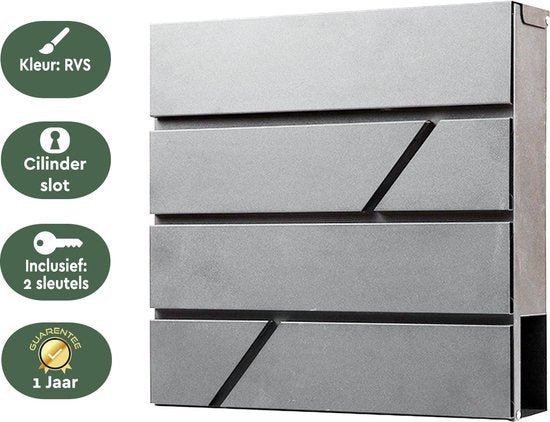 BRASQ Letterbox Hanging Grey Deluxe - Boîte aux lettres murale avec serrure et compartiment à journaux - avec matériel de montage et 2 clés - Boîte aux lettres - boîte postale - boîte à lettres - acier inoxydable
