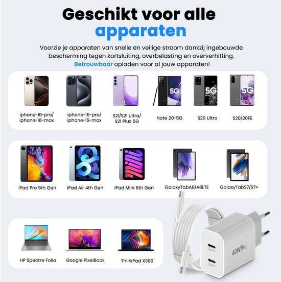 Chargeur USB C - 40W - avec 2x câble USB C vers USB C - Chargeur rapide - 2 ports de charge - Blanc - par Faas