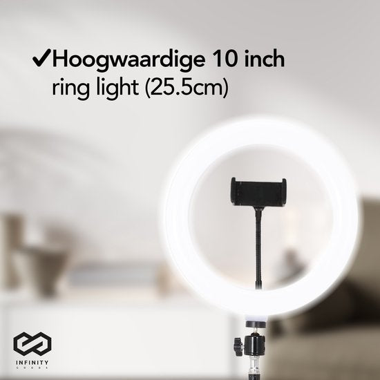 Infinity Goods Ring Light With Tripod - LED - 3 Colours - Adjustable Tripod Up to 186m - Includes Plug - Selfie Ringlight for Tiktok / Instagram / Youtube / Streaming / Working at Home - Black