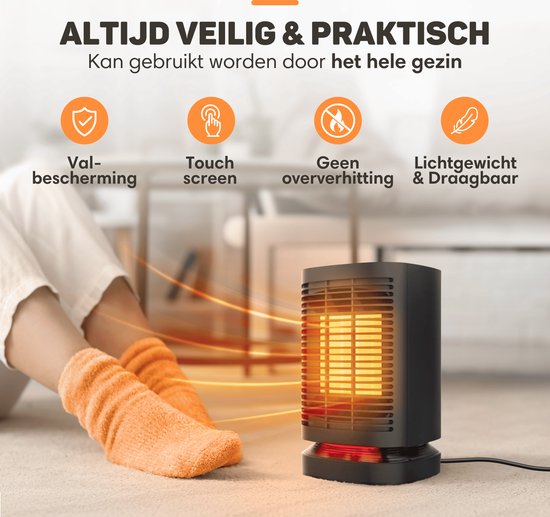 Vulpes Goods® Tech - Radiateur électrique - Chauffage électrique pour l'intérieur - Radiateur à ventilateur - Radiateur céramique - 3 niveaux - 950W - Indication LED - Rotatif - Noir - Version PRO