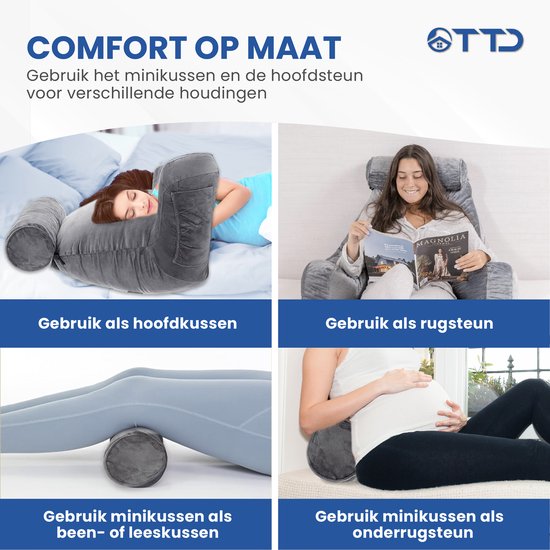 TTD® Premium XXL Coussin de lecture avec rouleau pour la nuque - Siège de lecture - Coussin de lecture pour le lit - Coussin de siège ergonomique avec rembourrage réglable - Coussin de livre - Comprend un mini-coussin supplémentaire - Velouté et doux - Ho