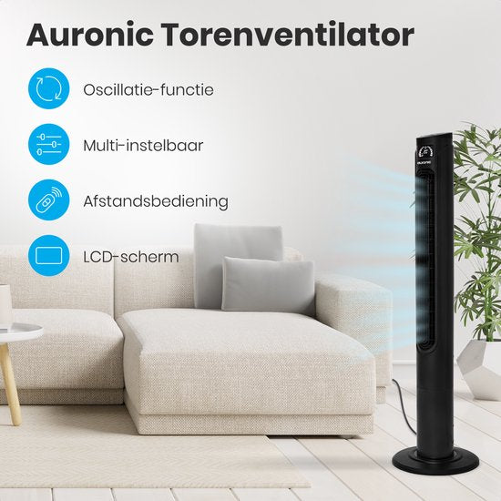 Auronic Tower Fan - Ventilateur sur pied avec télécommande - Ventilateur de sol - Minuteur - Ventilateur de colonne - Ventilateur - 55W - 45dB - 118cm - Noir