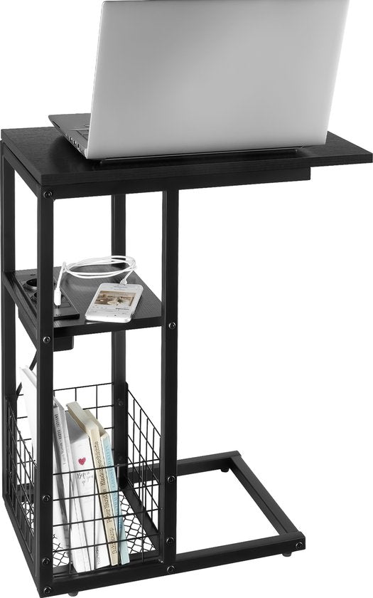 tectake® Table pour ordinateur portable avec station de charge - Prise de courant incluse - Table pour ordinateur en forme de C - Table d'appoint - Table de chevet - Avec porte-journaux et étagère supplémentaire - Noir