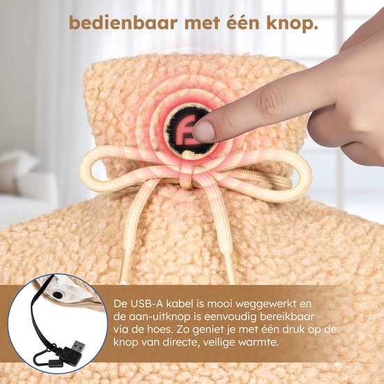 Bouillotte électrique - 3 étapes - Bouillotte - 10 000 mAh Powerbank - Manchette lavable - Bouillotte rechargeable - Teddy Beige - Saaf Comfort