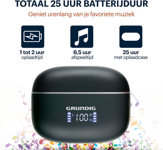 Écouteurs sans fil Grundig - Écouteurs Bluetooth - Réduction du bruit ANC+ENC - Écouteurs sans fil - Étui de chargement avec affichage LED - BT 5.3 - Autonomie de 25 heures
