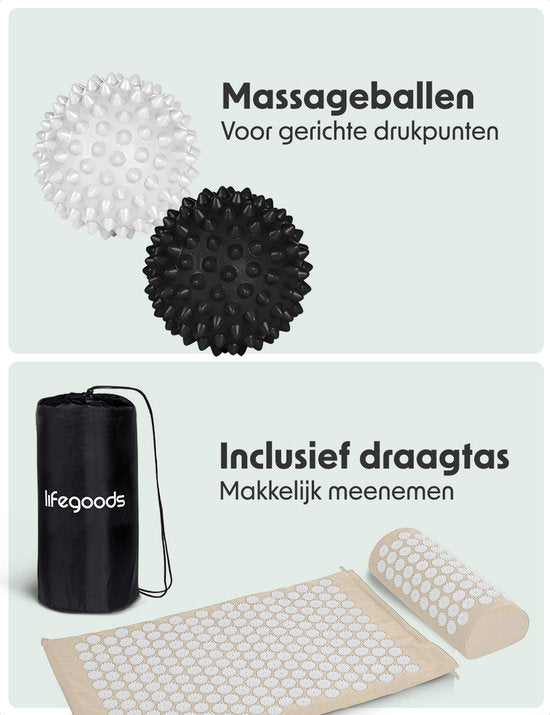 LifeGoods Tapis d'acupression avec coussin - Tapis Shakti - Tapis pour ongles avec 2 balles pour points de déclenchement - 66x40x2cm - Beige/Blanc
