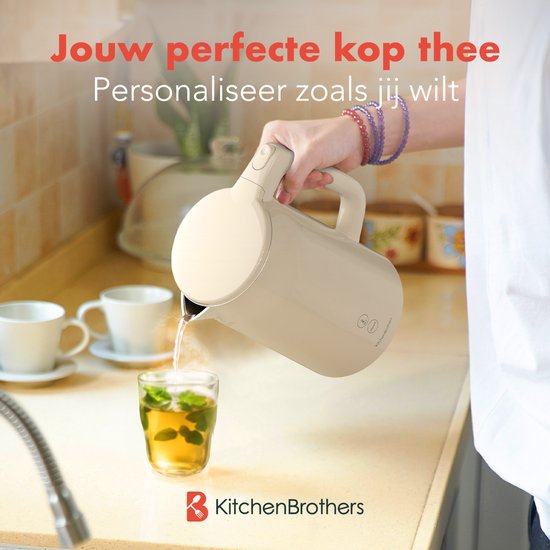 KitchenBrothers Bouilloire - 1.7L - Avec contrôle de la température - Électrique - Fonction maintien au chaud - Affichage - Double paroi - Cool-touch - 2200W - Beige
