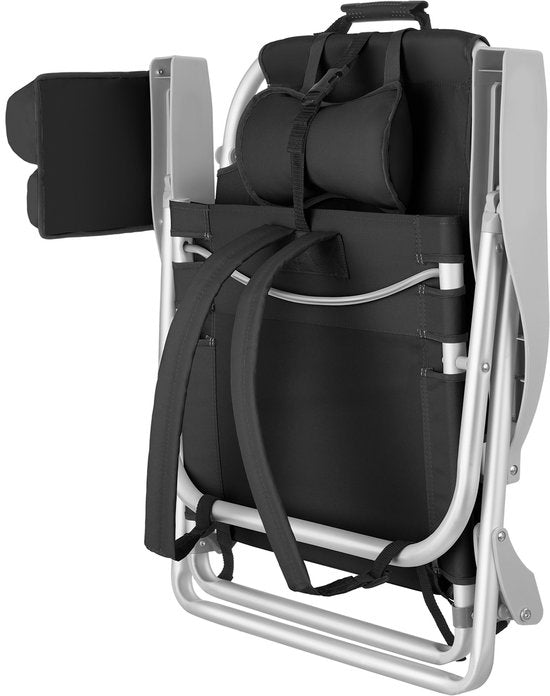 tectake® Beach Chair Coral - Chaise de camping pliable avec sac isotherme et sac de rangement - Dossier réglable en 5 sens avec coussin de tête - Accoudoirs larges avec porte-gobelet / porte-téléphone - Chaise de camping pliable - Noir