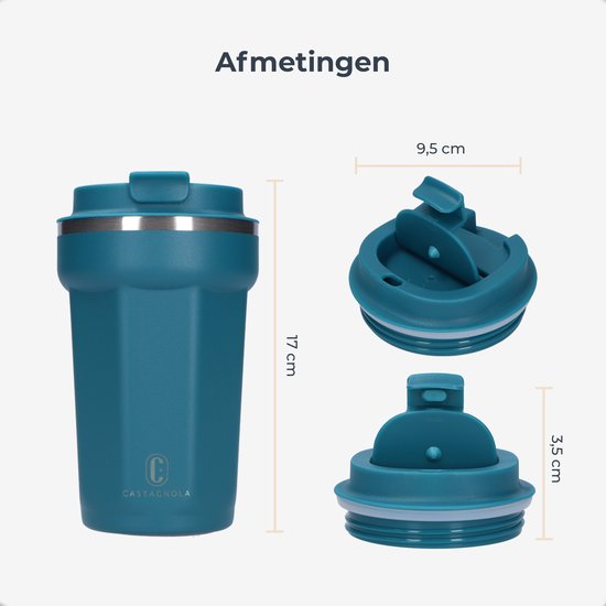 Castagnola Thermos Cup - Coffee Mug To Go - Travel Mug for Coffee and Tea - Tea Mug - 380 ML - Stainless Steel - Blue - Octagon