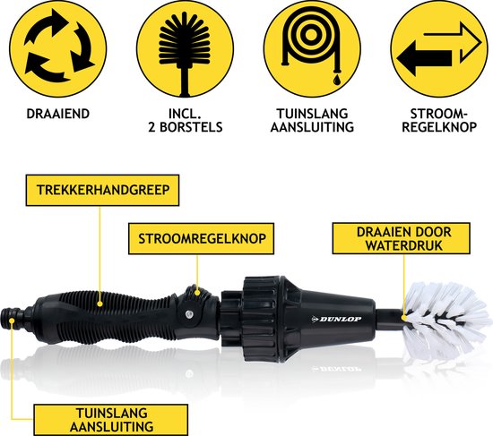 Dunlop Cleaning Brush - Brosse à jantes - avec connecteur de tuyau 3/4" - rotatif - bouton de réglage du débit - 2 brosses