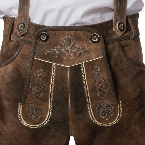Dressforfun Authentique Lederhosen Jonathan court - Avec ceinture et bretelles - Cuir véritable - Marron - 50 - Oktoberfest Dress Man - Costume d'homme - Dress Up - Costume allemand - Costume de carnaval - Gilet de costume - Pantalon traditionnel en cui
