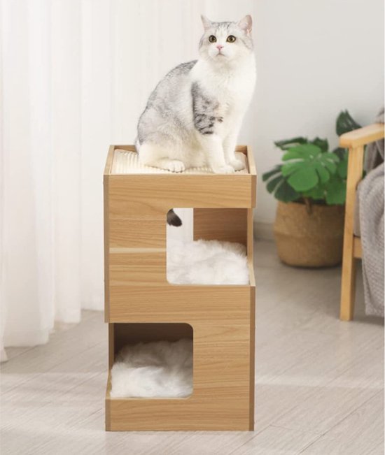 Livista® - Maison pour chat - Couleur bois naturel - 60x30x30 cm - Matériaux de haute qualité - Avec coussin