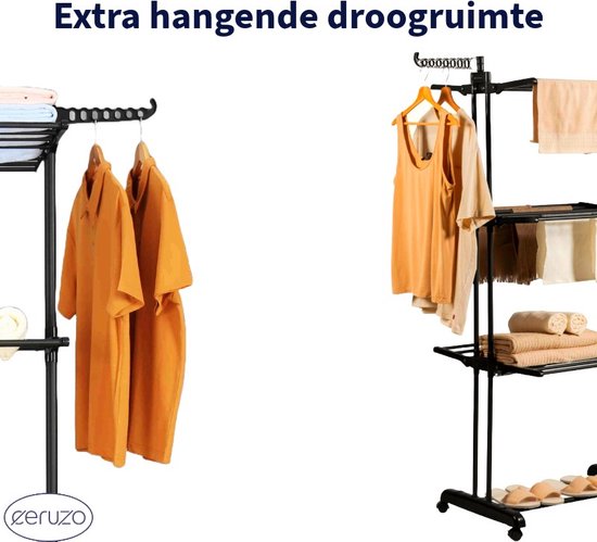 Porte-linge pliable - 75x64x178 cm - Tour de lavage - Tour de séchage à roulettes - Noir
